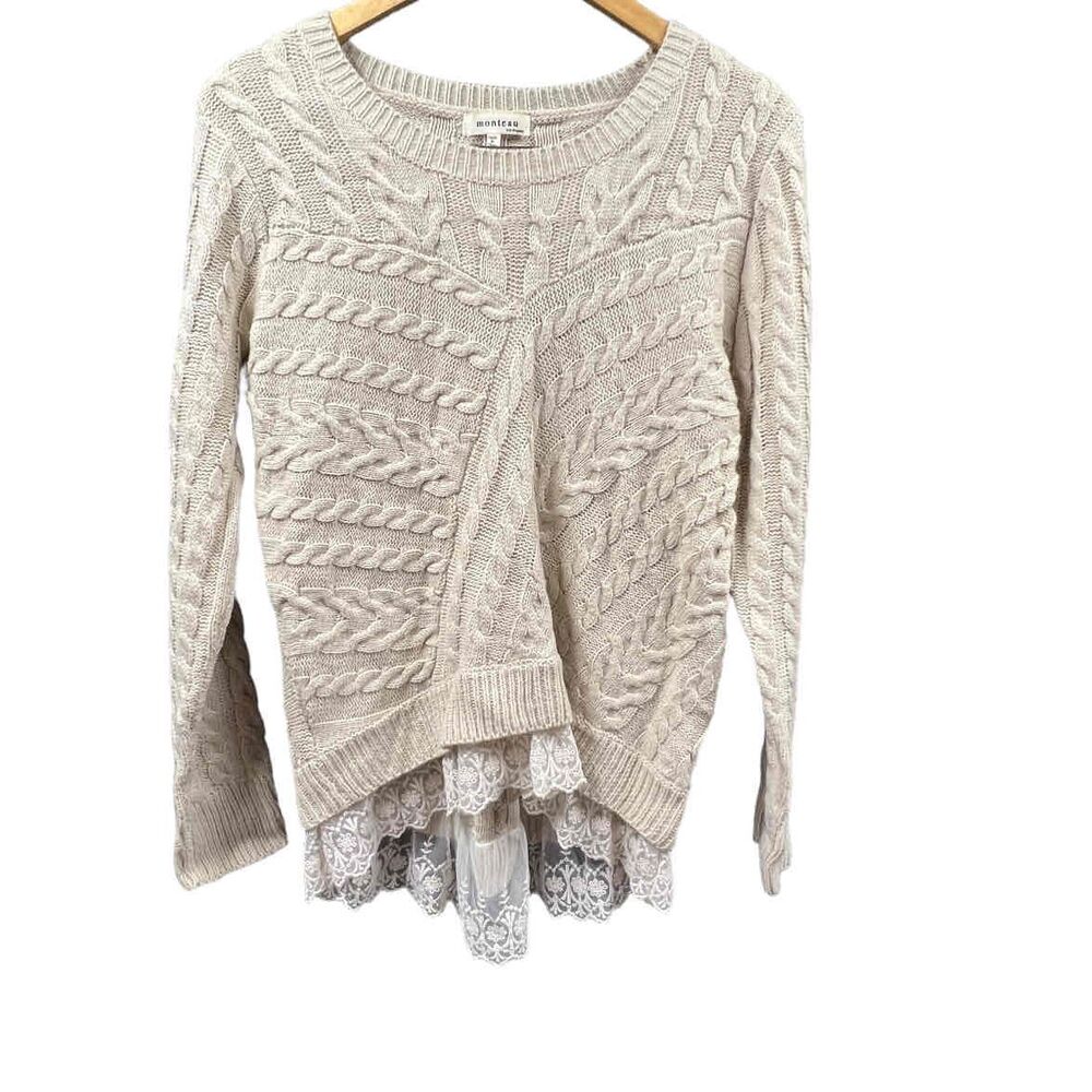 Monteau Cable Knit Sweater Women Medium Eyelet Lace Asymmetrical Hem Academia